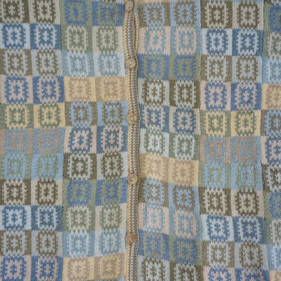 Talbots Blue Green Patchwork Checkered Button Knit Cardigan Cottagecore M - Picture 6 of 9